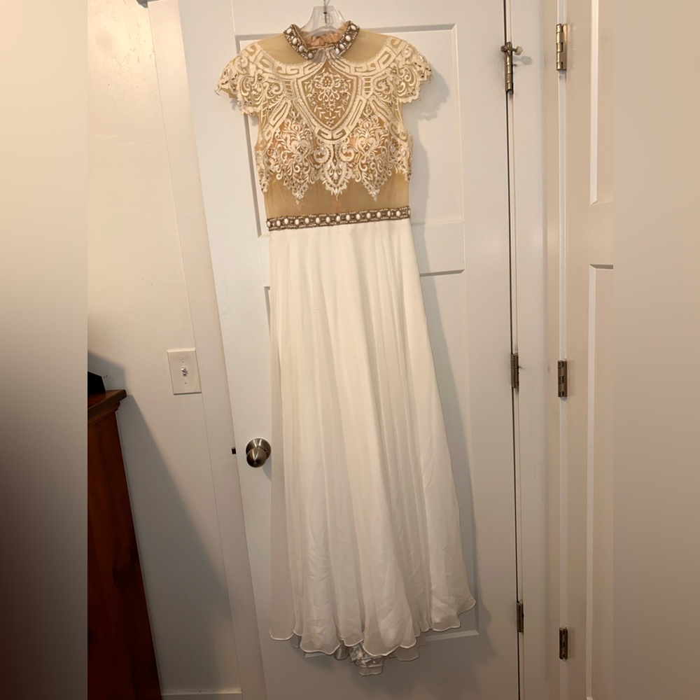 White and Tan Sequin Formal Dress